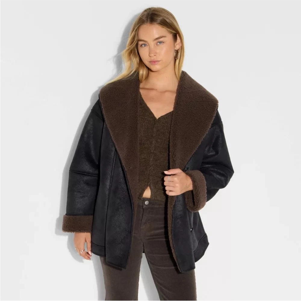 Women's Shawl Collar Shearling Coat - Wild Fable Black XS